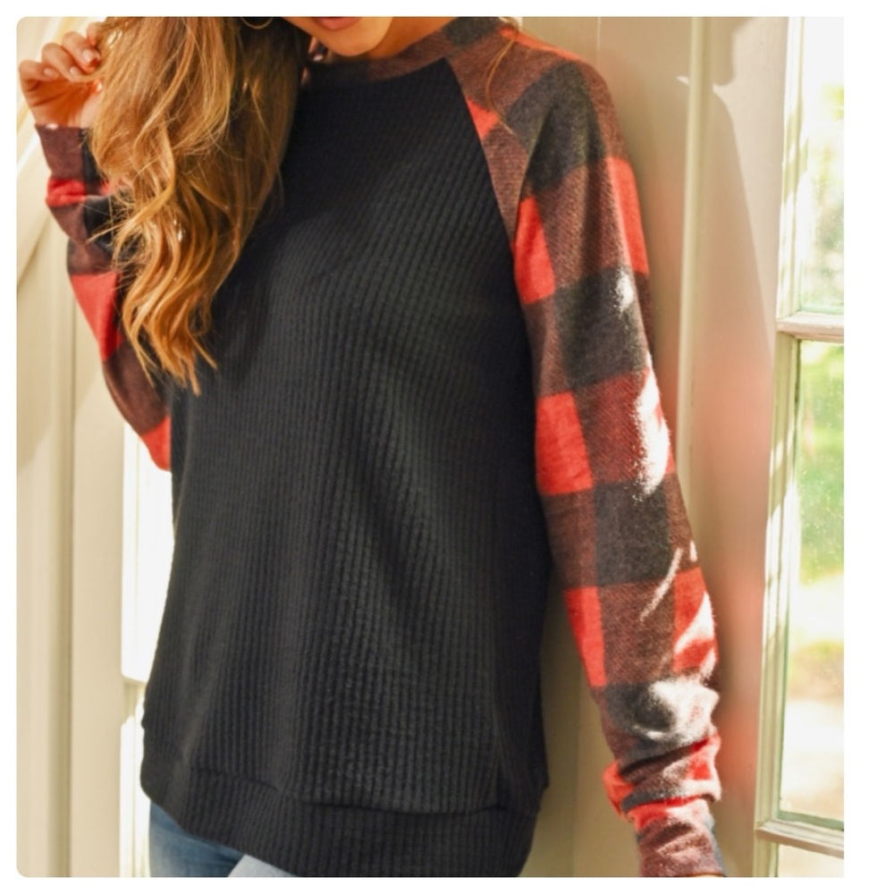 A Girl Thing Black and Red Plaid Sleeve Top